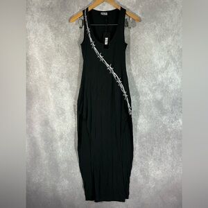 NEW Poster Grl x Dolls Kill Maxi Dress Women Small S Black Barb Wire Print Goth